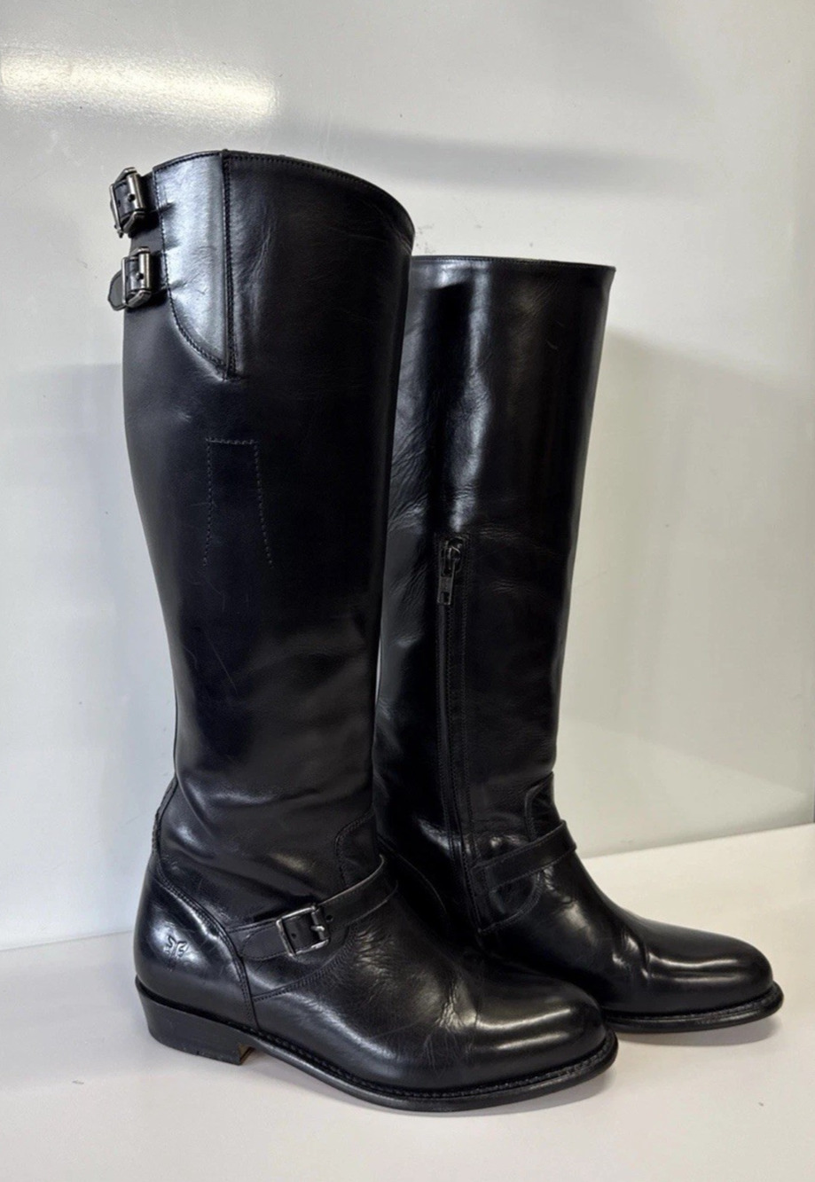 Frye Dorado Riding Boots Black Leather Knee High Dual Buckle Strap W US 6